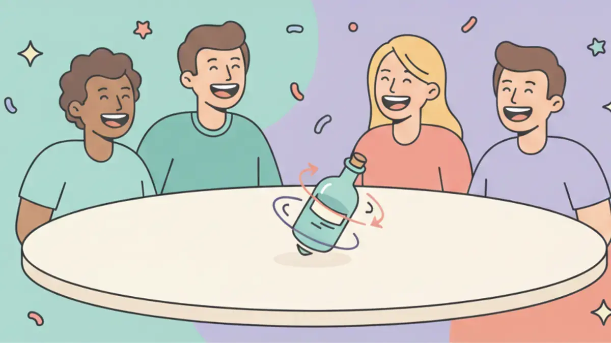 Friends sitting in a circle around a spinning bottle, with question and dare prompt cards scattered around them