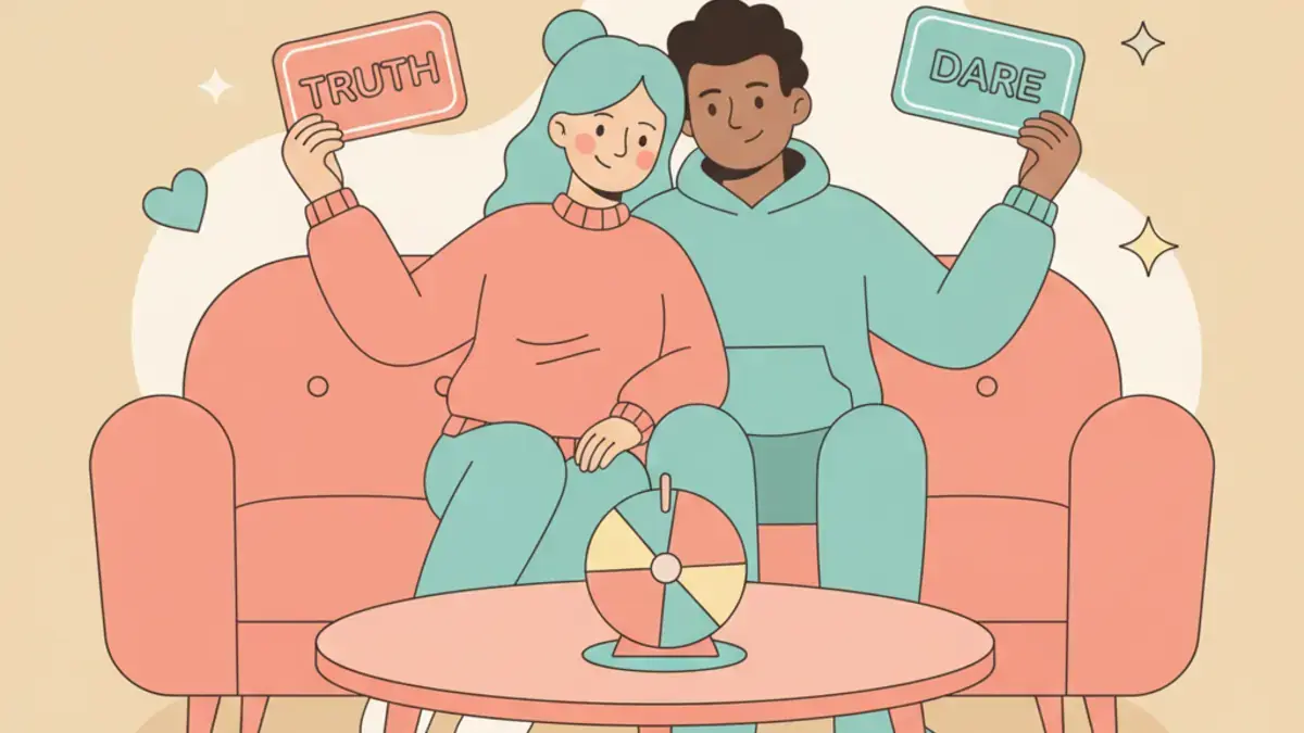A couple on a couch holding truth and dare cards with a small spinner and heart icons