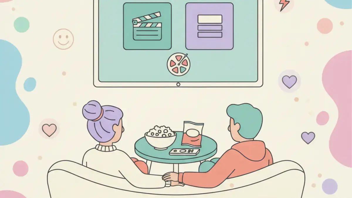 Two people on a couch watching a TV picker with movie and series icons, surrounded by soft pastel shapes
