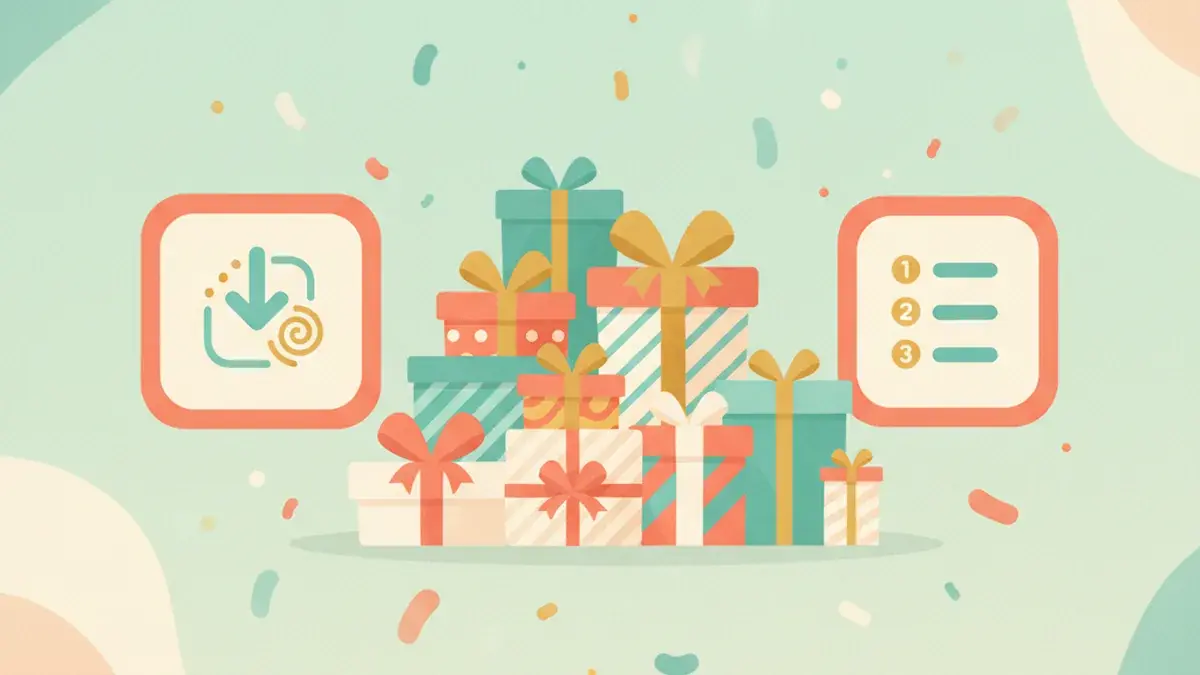 A pile of wrapped gifts with a simple rule card, a numbered list icon, and playful confetti on a soft pastel background