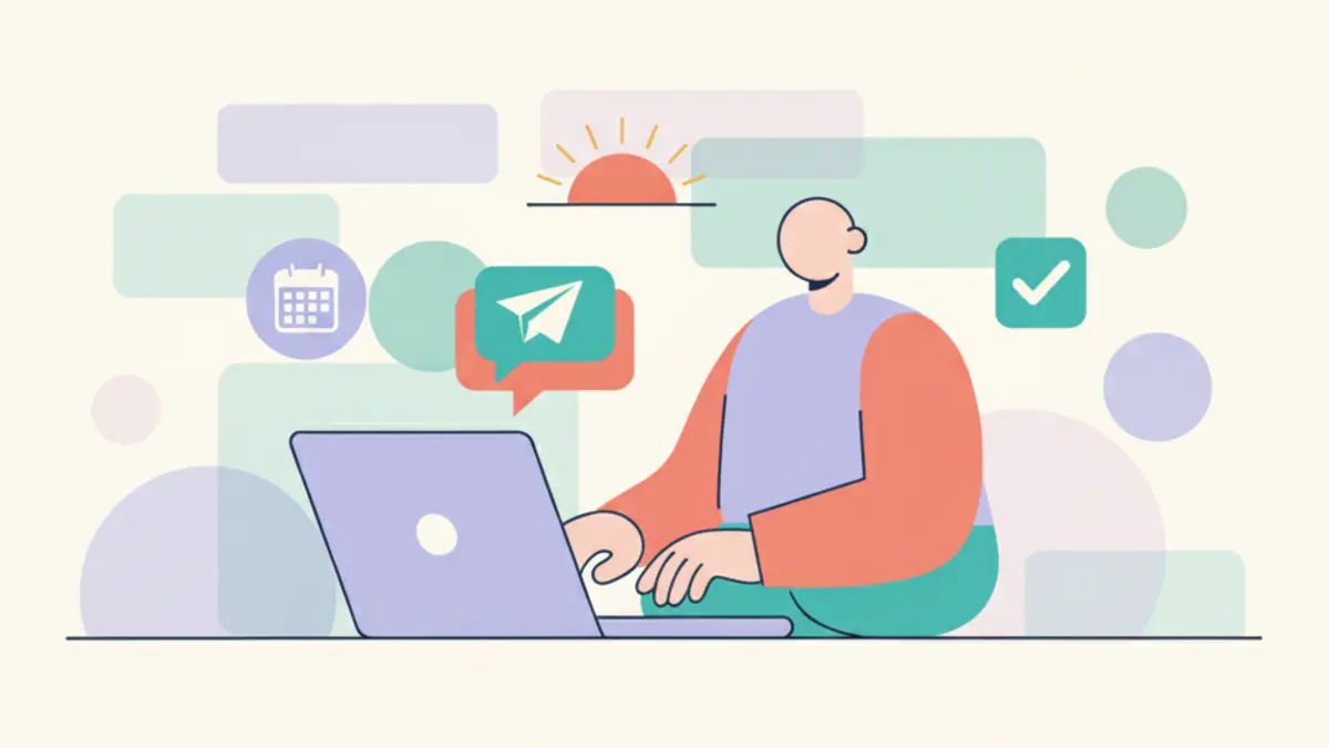 Person typing a calm message on a laptop with sunrise, calendar, and check icons floating around