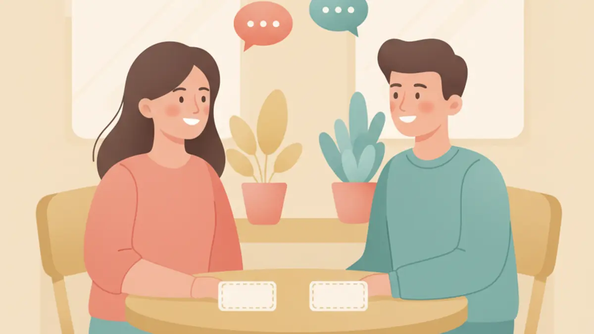 Two people on a first date at a cafe with prompt cards and chat bubbles floating above them