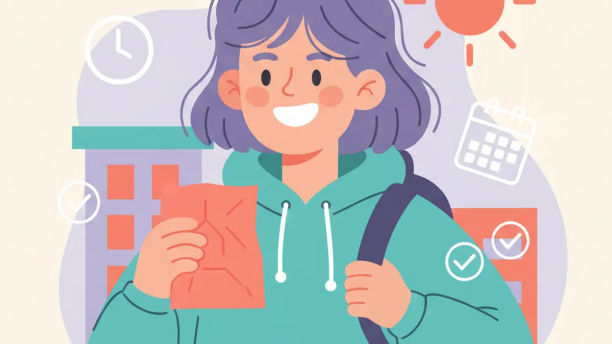 Student with backpack holding an excuse note surrounded by clock, calendar, and checkmark icons