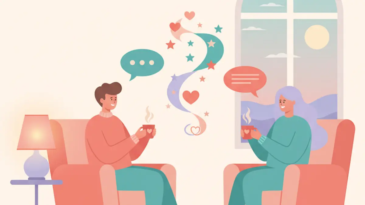 Two partners chatting with coffee mugs in cozy chairs, speech bubbles turning into stars and hearts