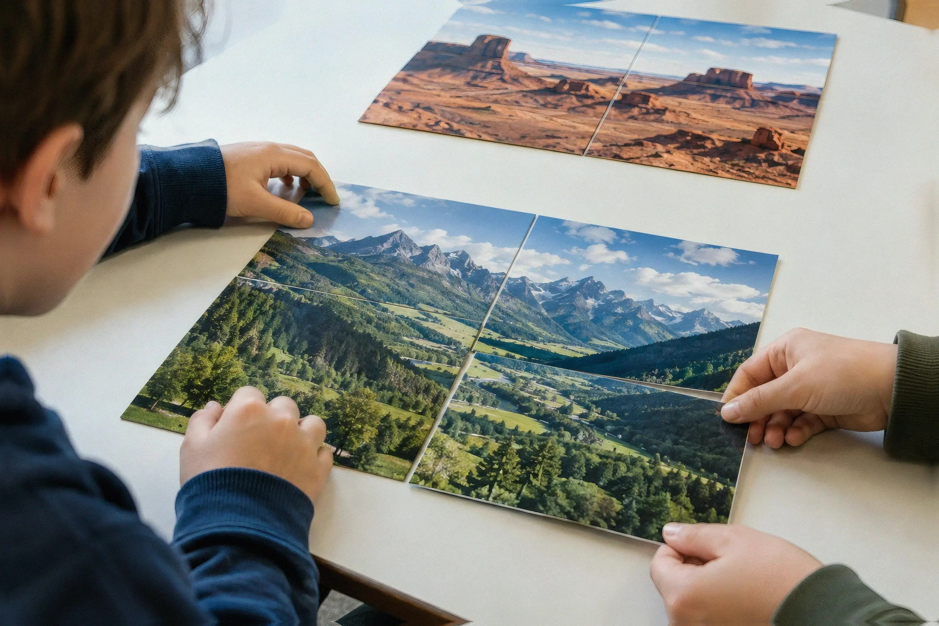 Students joining four picture pieces to find their classroom group