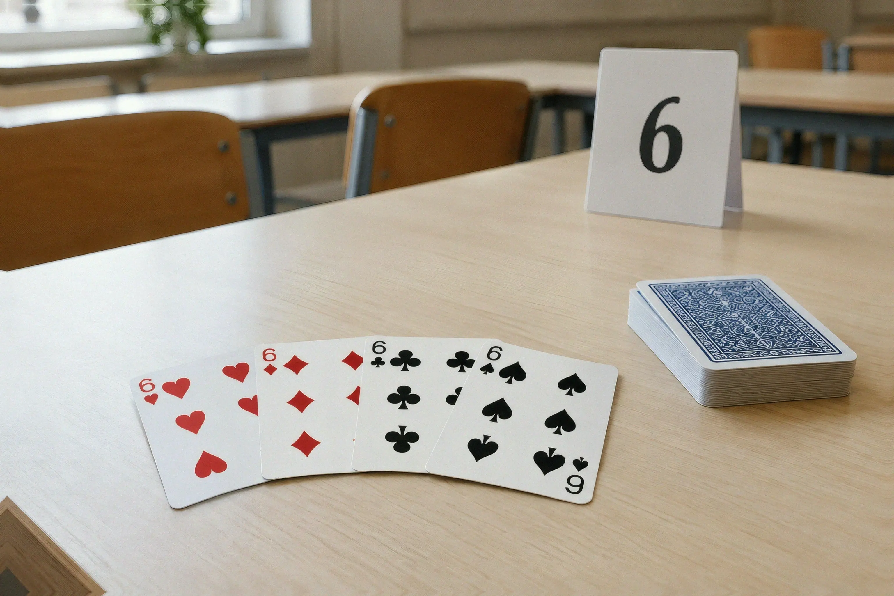 Four sixes from a playing-card deck beside a matching classroom table marker
