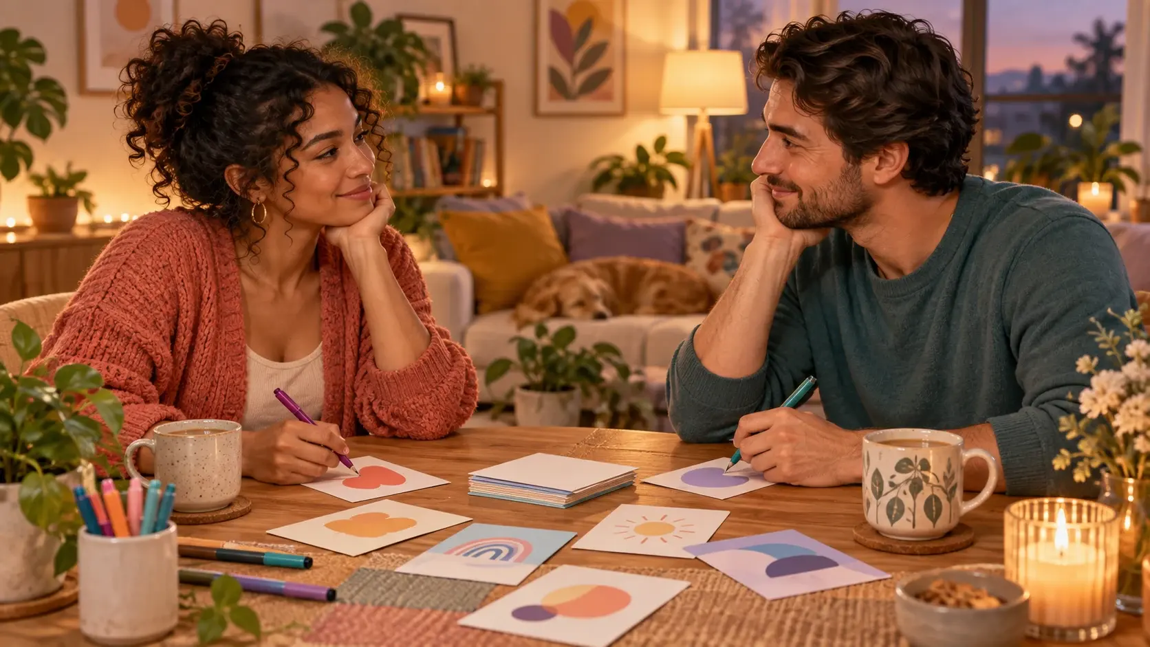 Couple listening closely while choosing a colorful conversation card