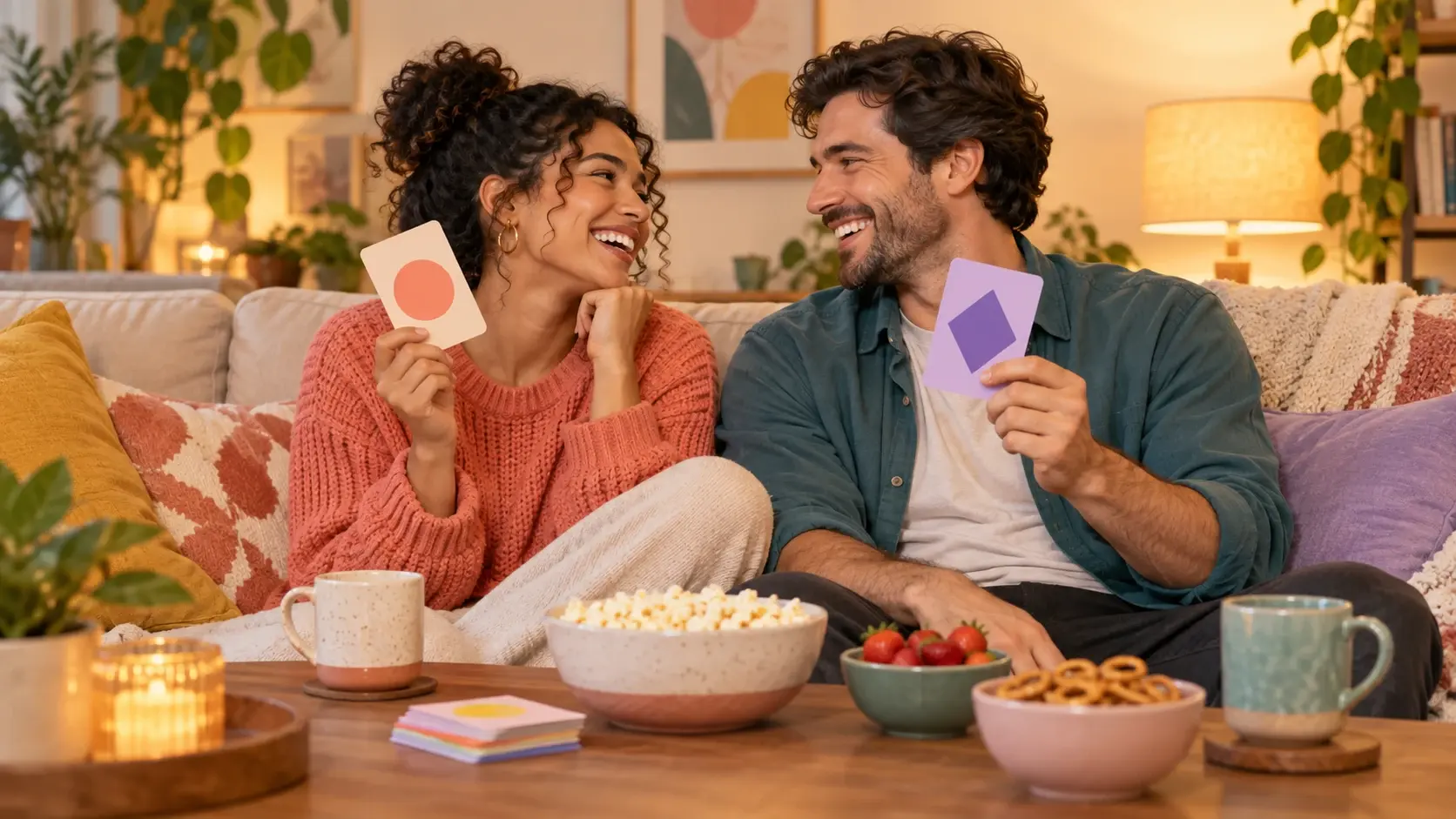Couple smiling over colorful prompt cards during a date-night conversation
