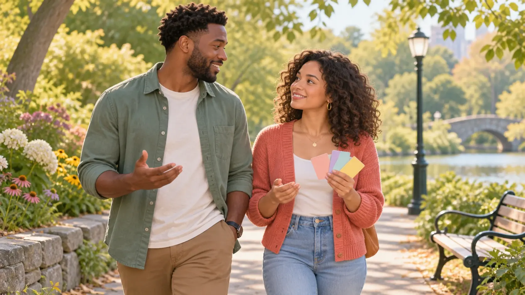 Couple having a thoughtful conversation while walking in a park