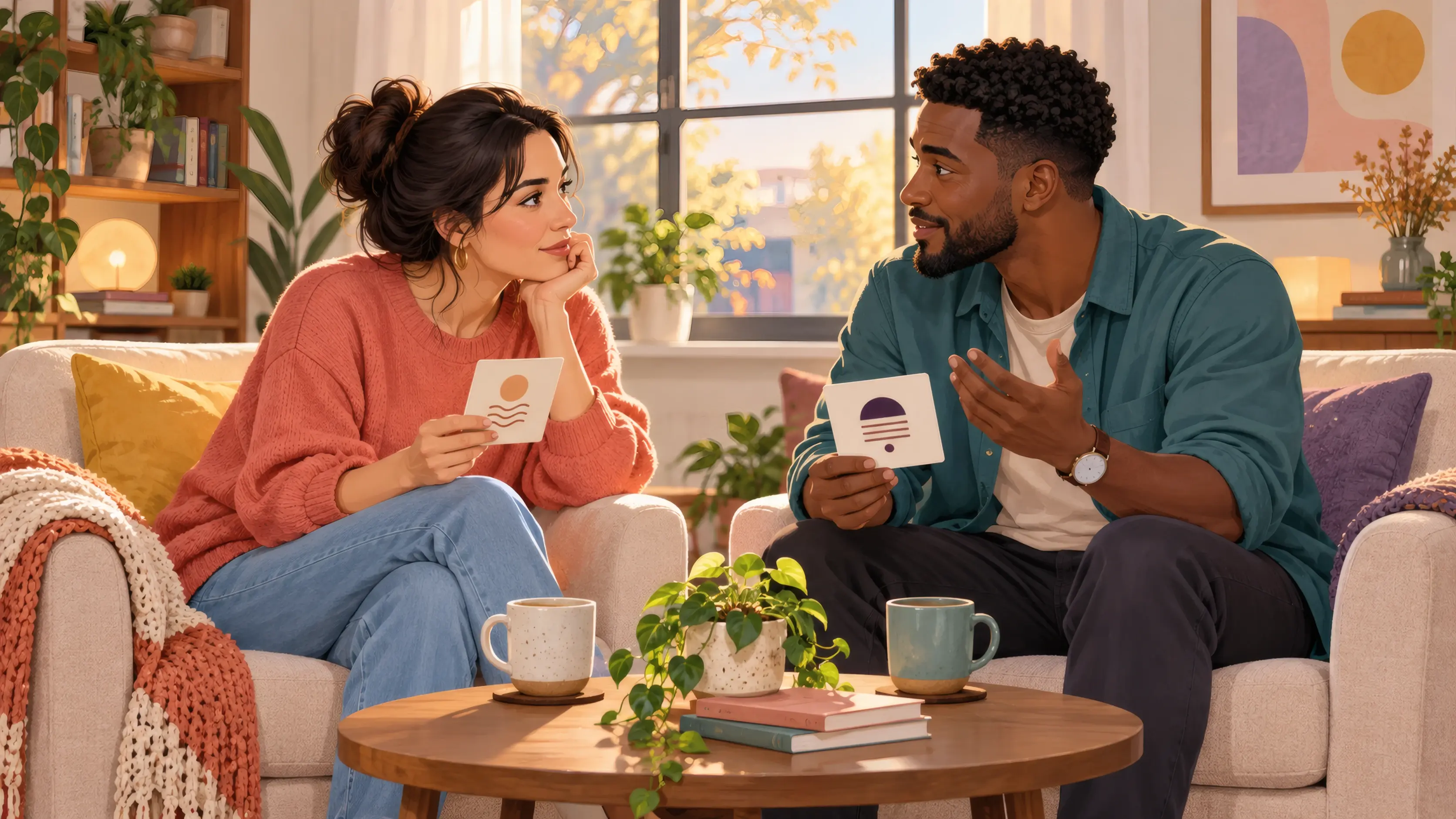 Couple holding conversation prompt cards while talking in a cozy living room