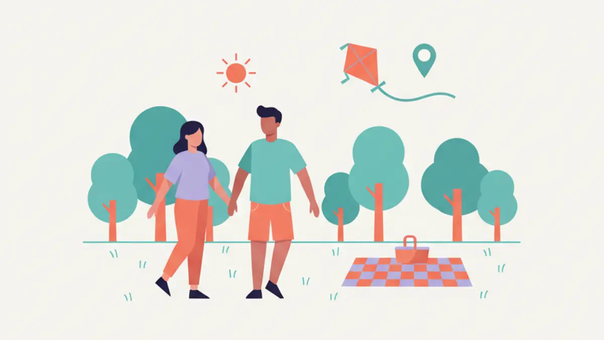 Couple walking through a park with a kite, picnic blanket, and sun overhead