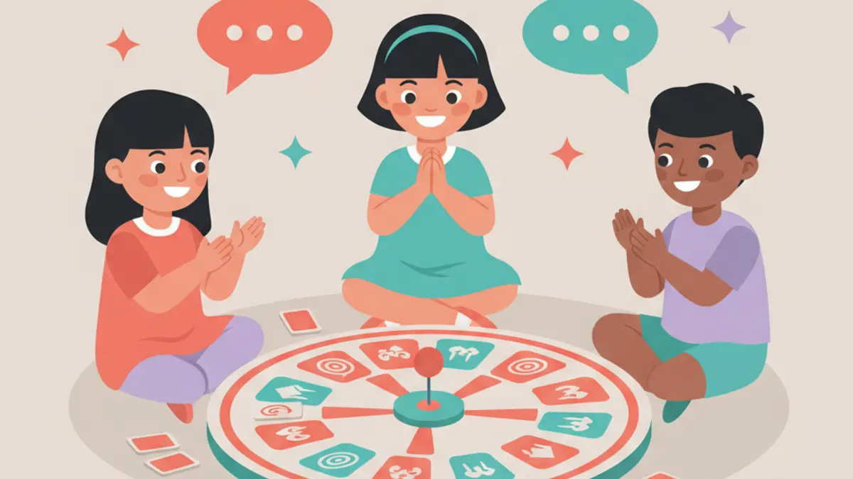 Three kids gathered around a colorful spinner game with cheerful speech bubbles
