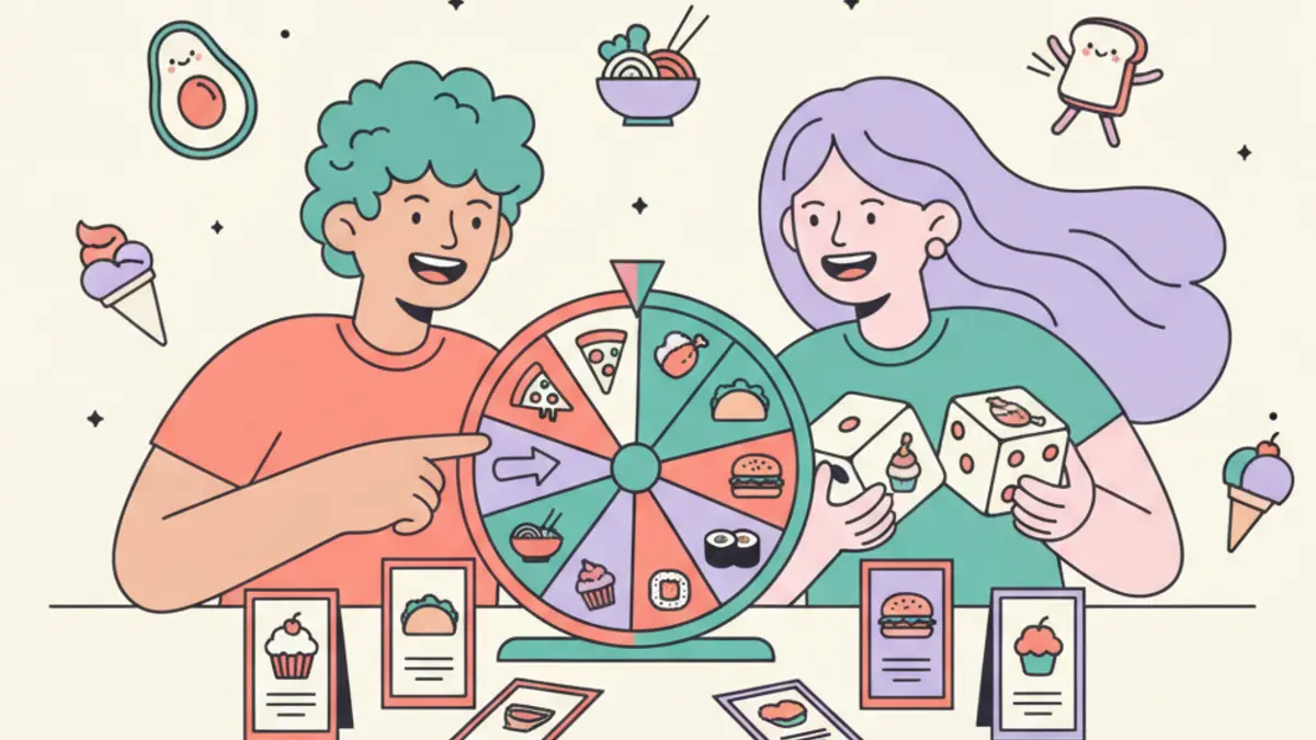 Friends using a food decision wheel with dice and menu cards featuring playful meal icons