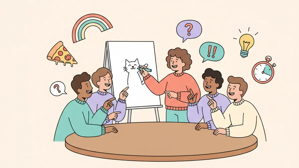 Friends laughing around a table while one player draws a cat on a whiteboard during a Pictionary-style game, with doodles of a rainbow, pizza slice, lightbulb, and stopwatch around them