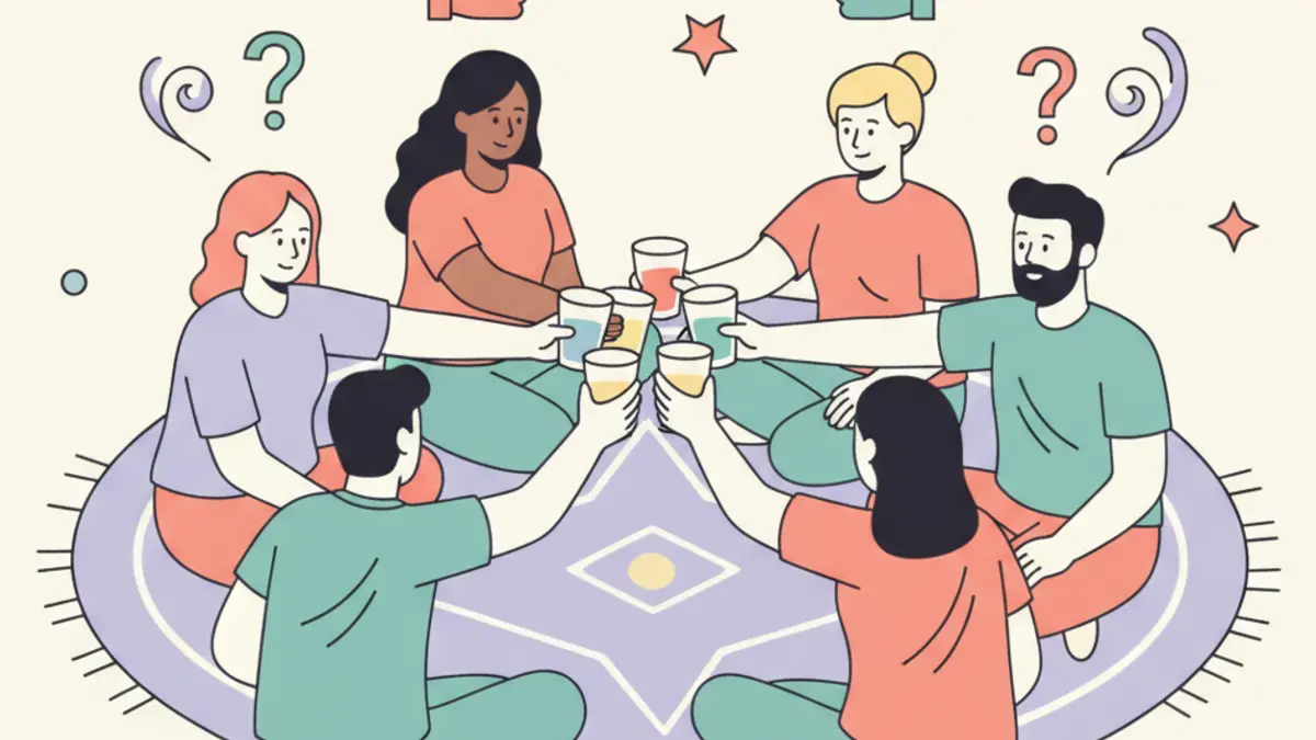 Friends clinking drinks in a circle with thumbs icons showing I have and I haven't