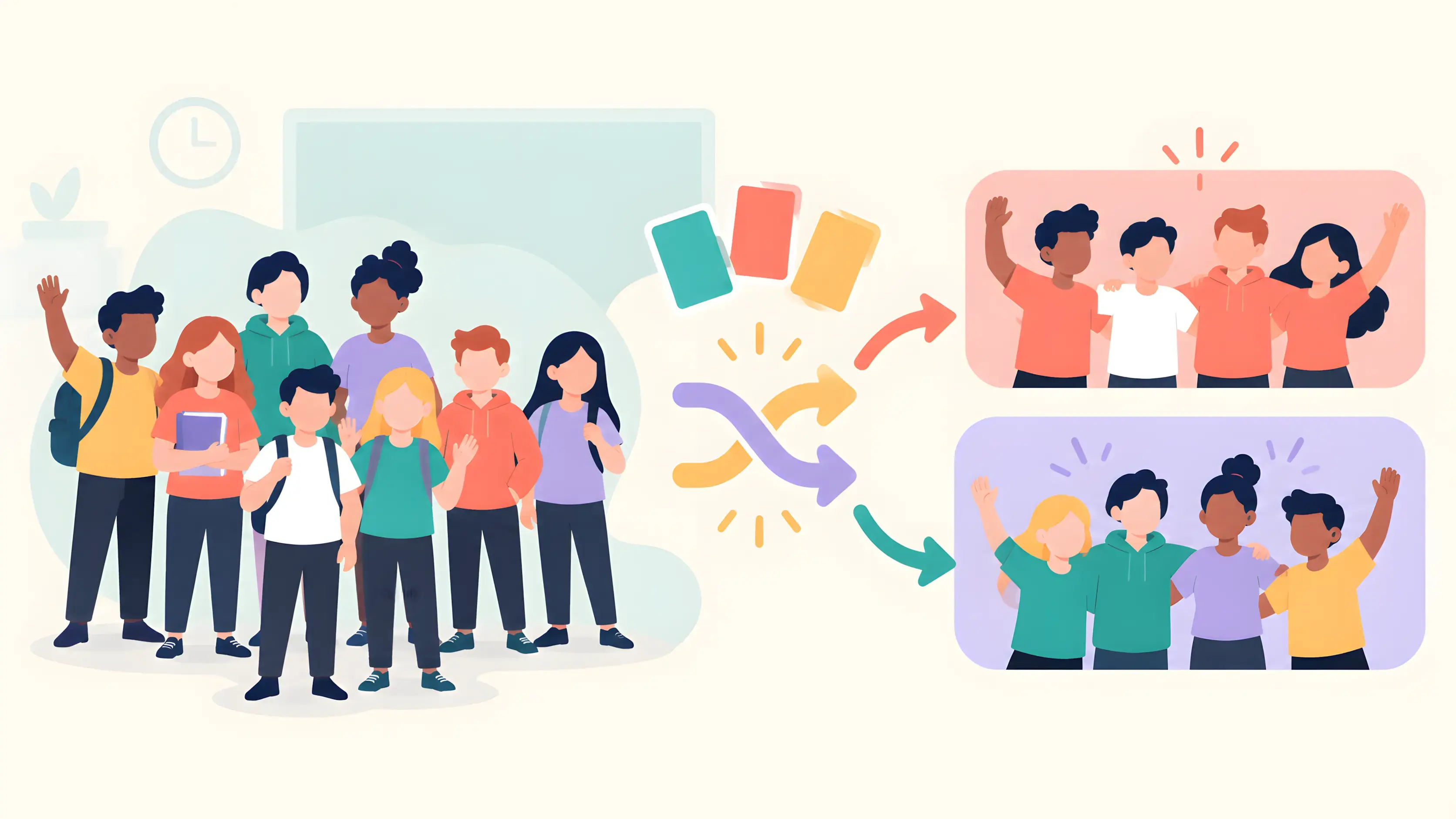 Diverse students sorted into colorful teams by a large shuffle symbol