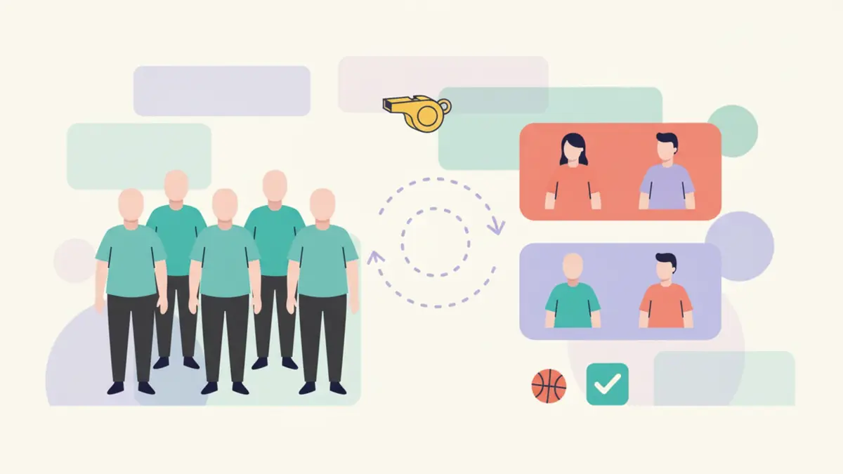 A group of friends being split into colorful team cards with a shuffle icon and a whistle