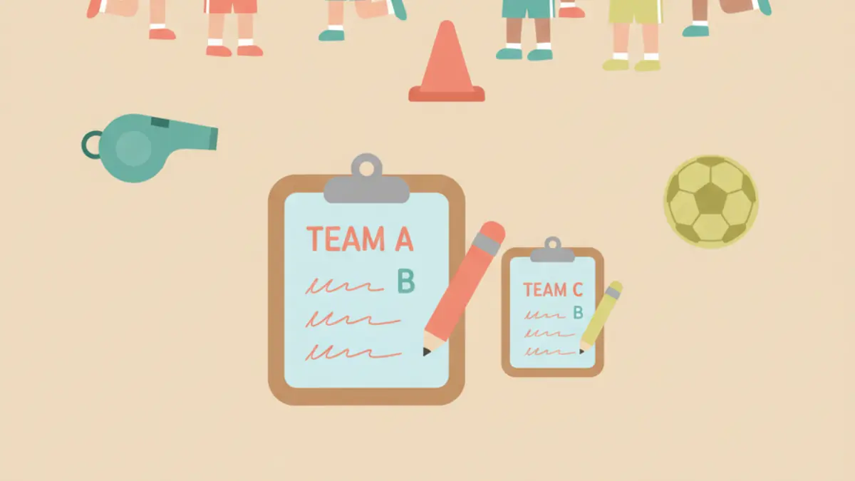 Kids in a gym splitting into colorful teams with a clipboard showing team lists