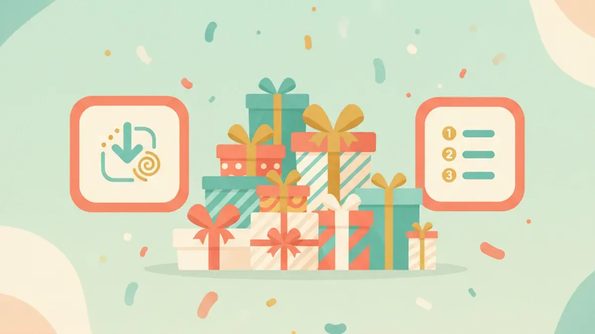 A pile of wrapped gifts with a simple rule card, a numbered list icon, and playful confetti on a soft pastel background