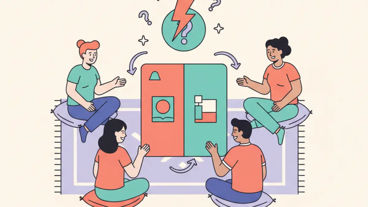 Friends in a circle choosing between two colorful options with arrows and question icons