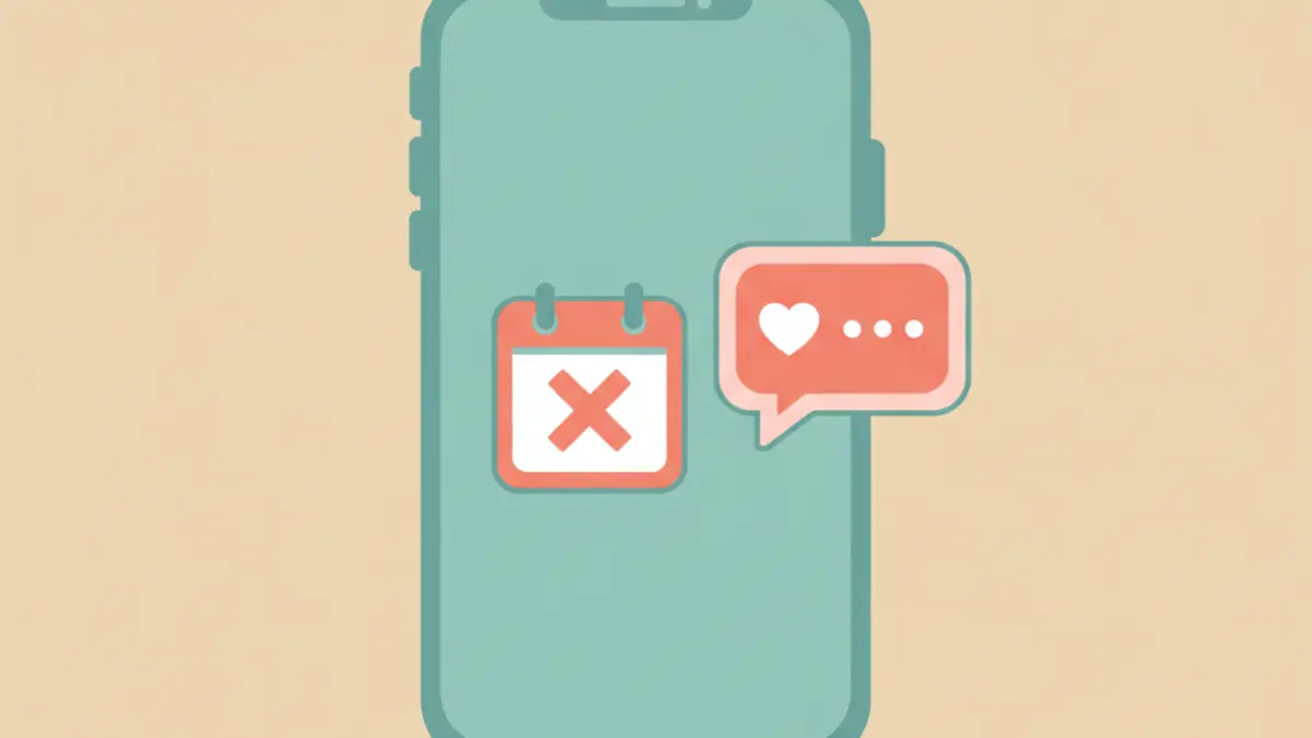 A phone showing a crossed-out calendar event next to an apology chat bubble