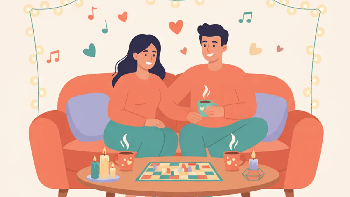 Couple on a couch with a board game, string lights, and warm drinks creating a cozy at-home date