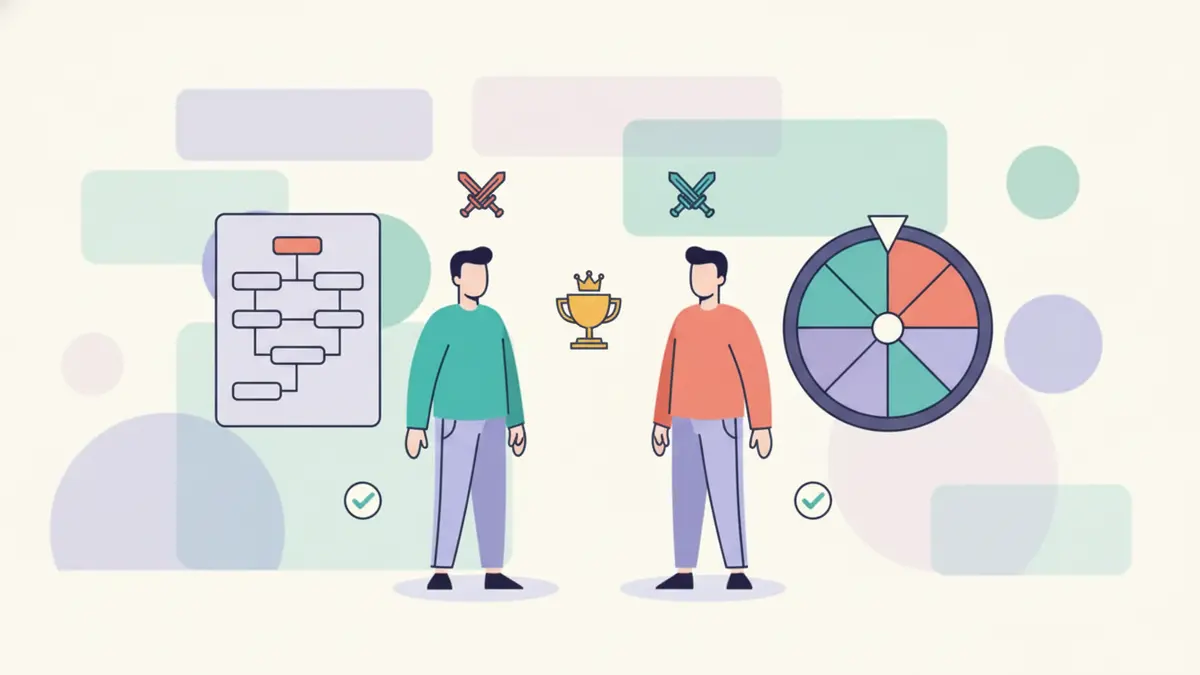 Two friends comparing a tournament bracket and a colorful spinner wheel with a trophy icon in the middle