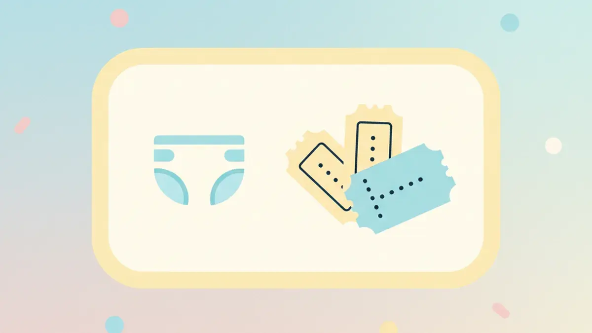 A baby shower invite insert card with a small diaper icon, raffle ticket shapes, and soft pastel confetti