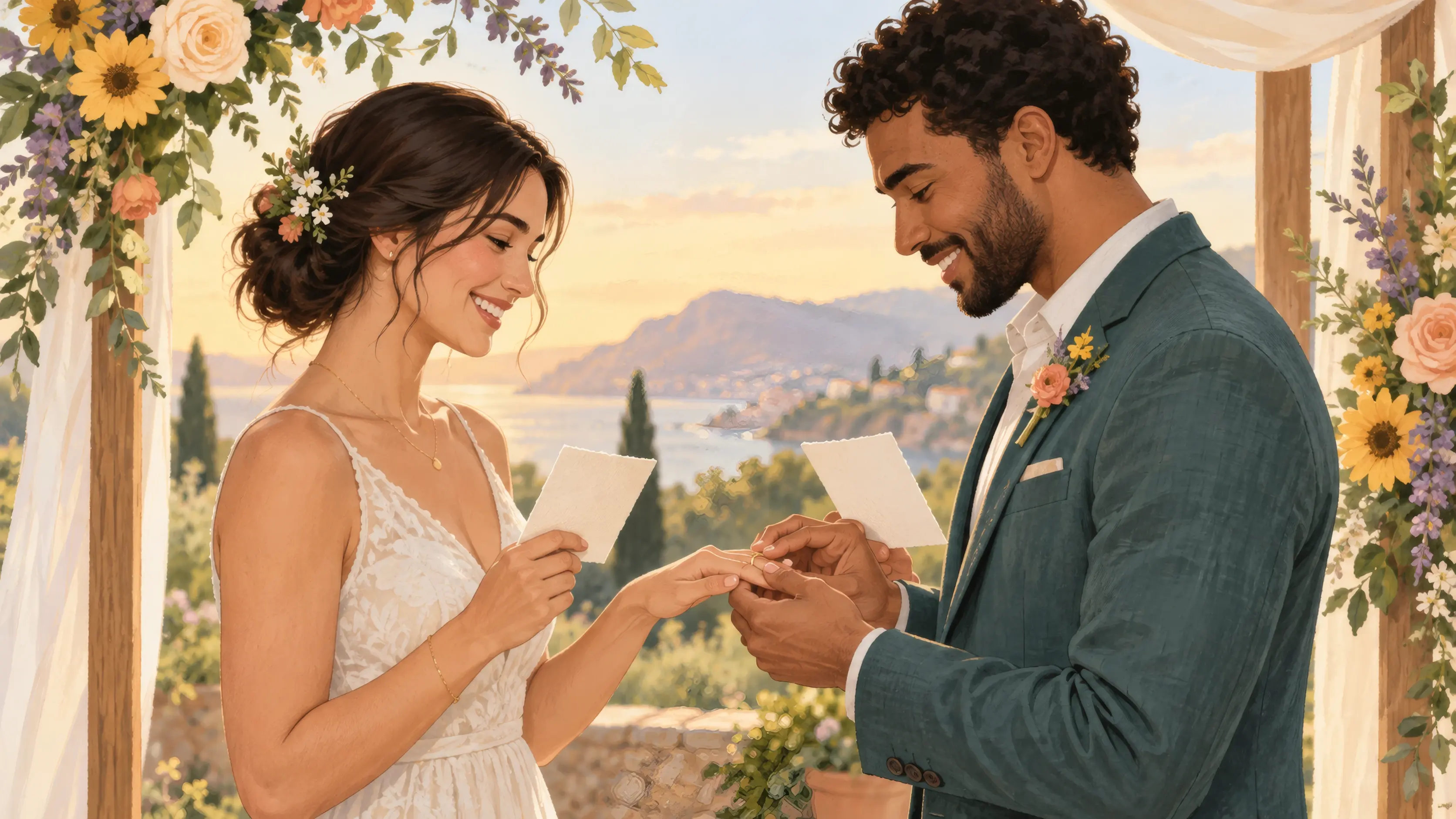 Couple exchanging vow cards and wedding rings beneath a flower-covered ceremony arch