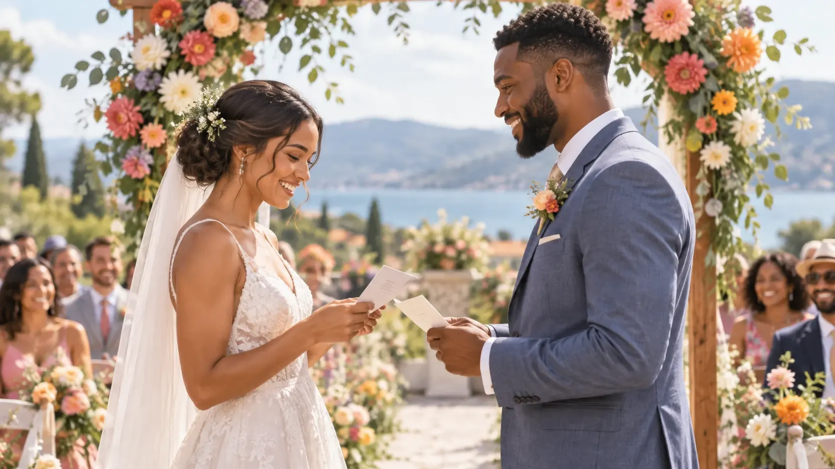 Newly married couple exchanging vow cards beneath a floral wedding arch
