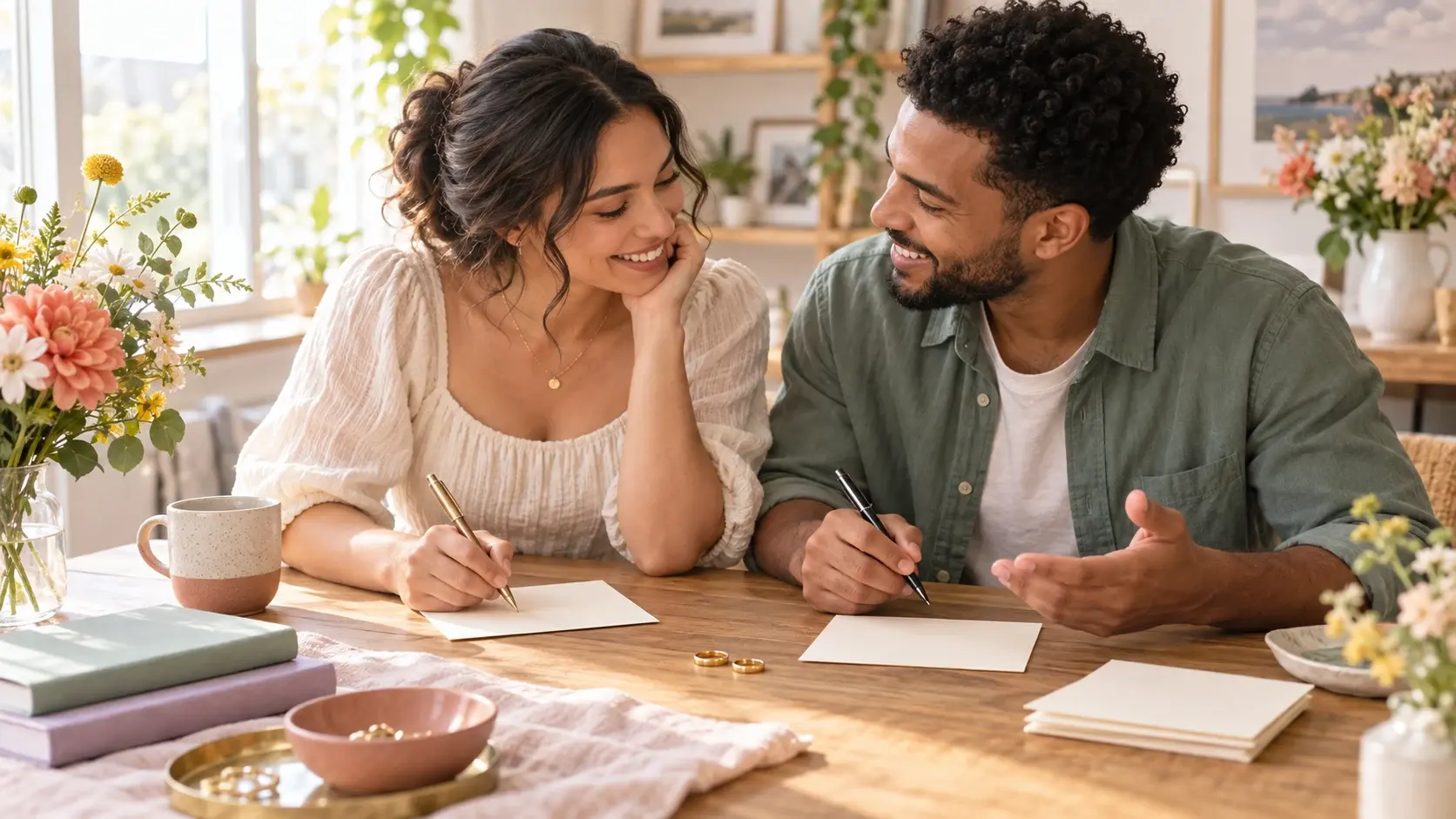 Couple writing personal wedding vows together at a sunlit table