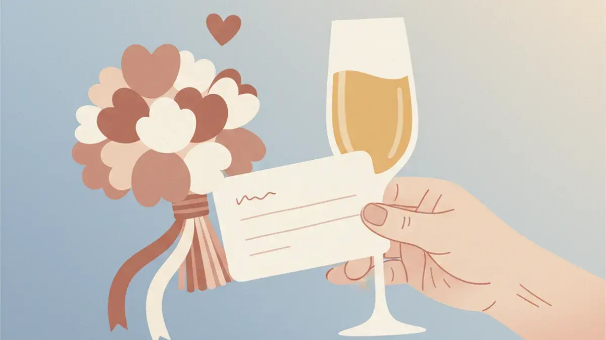A father giving a toast with a note card and a small heart icon beside a wedding bouquet on a soft pastel background