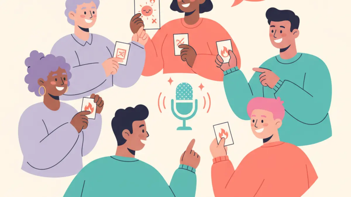Friends sharing playful roast cards around a microphone with sparkly speech bubbles