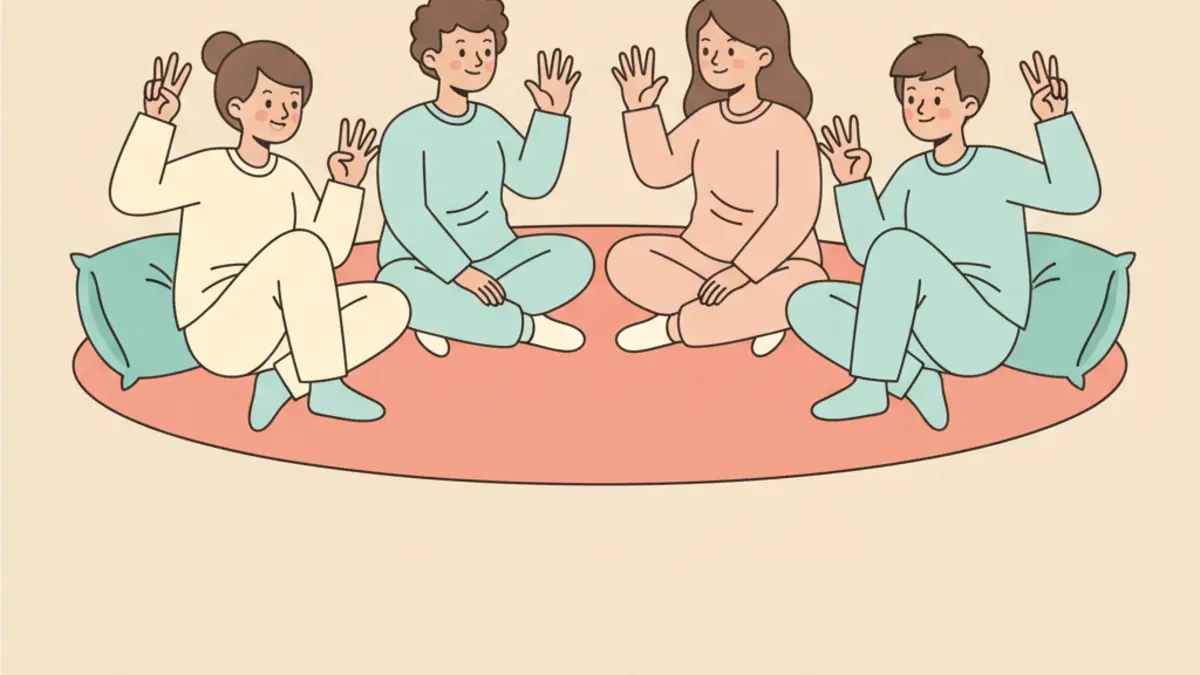 A group of teens sitting in a circle holding up fingers with prompt cards and playful icons
