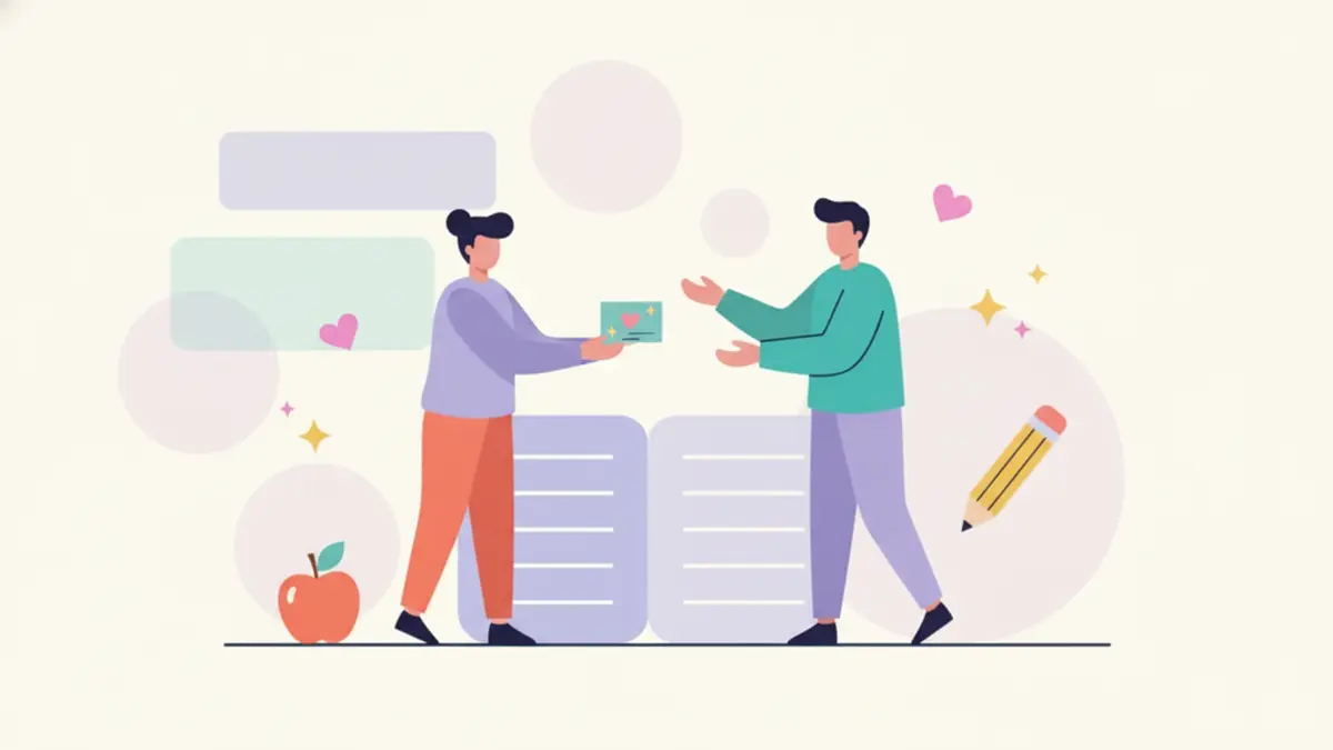 A student handing a thank-you card to a teacher with a small apple icon and sparkles