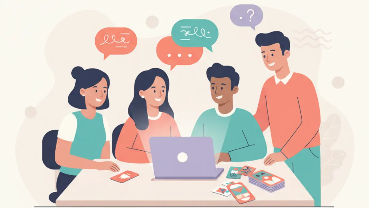 Team gathered around a laptop with colorful chat bubbles and prompt cards on the table
